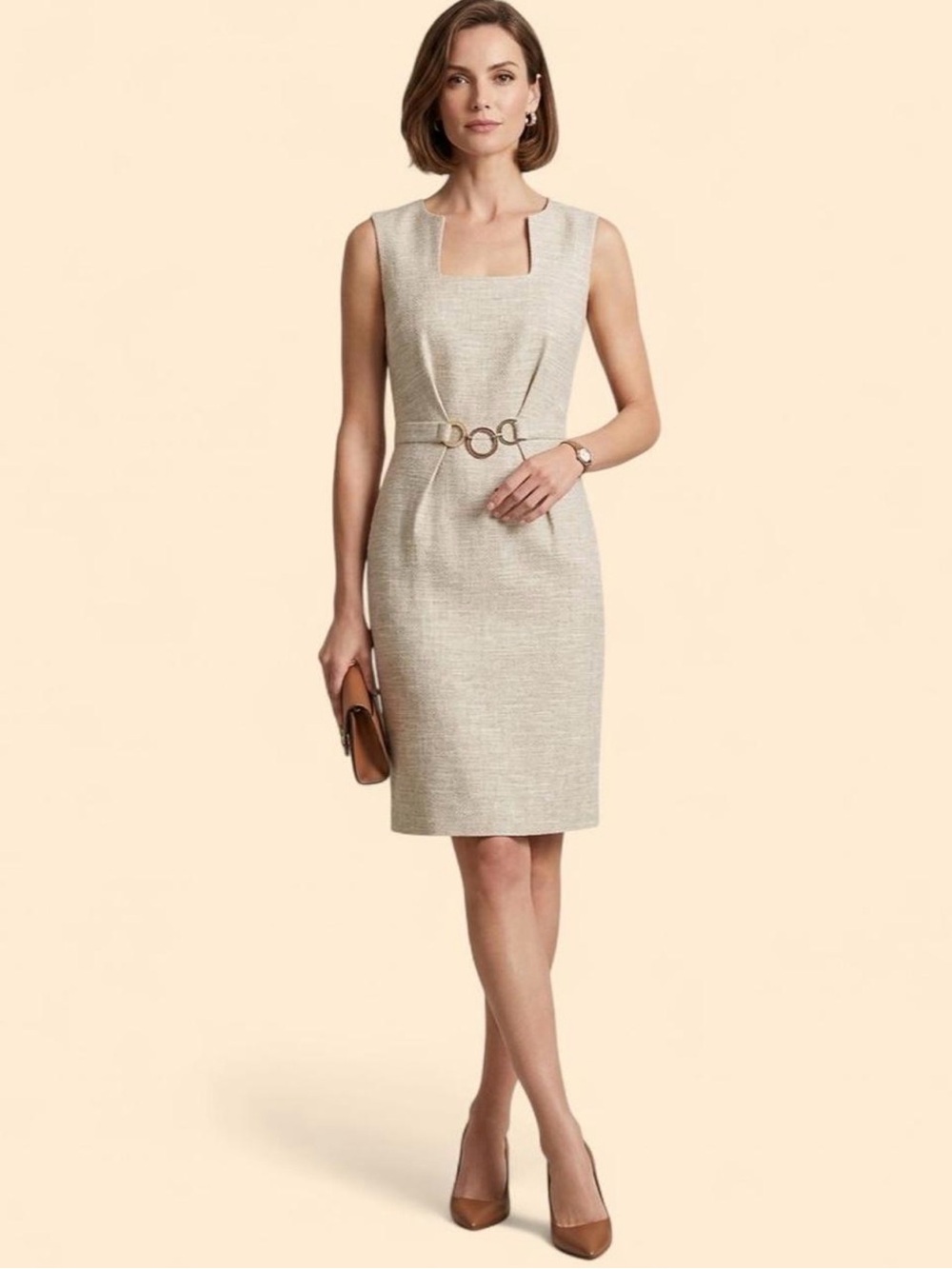 ANTONIO MELANI Sleeveless Square-Neck Sheath Dress in Light Beige
